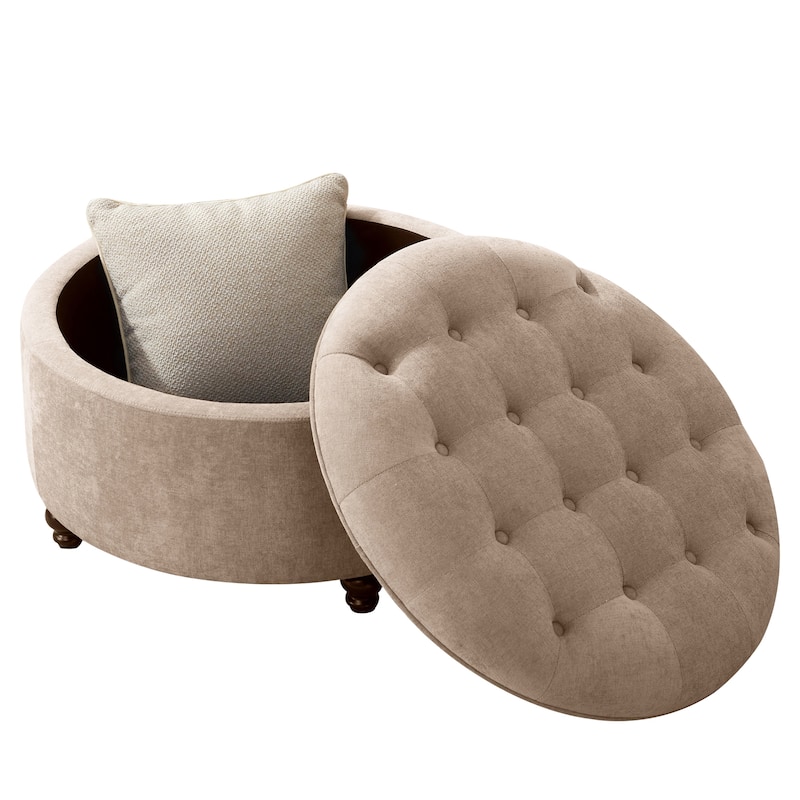 Tufted Large Round Storage Ottoman Footrest Beige/ Grey/ Blue