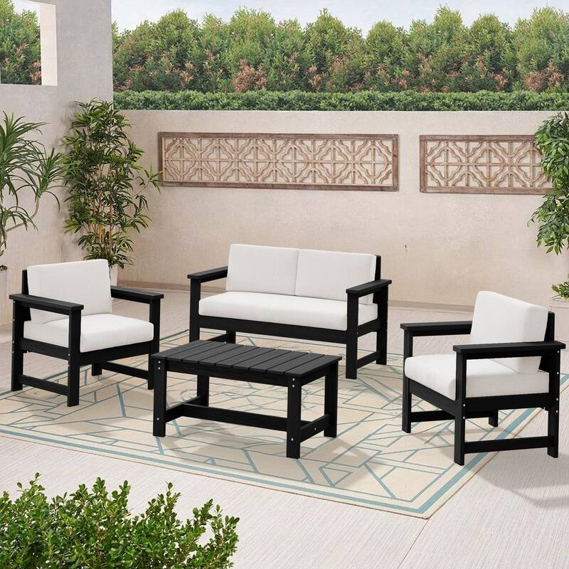 Outdoor Patio HDPE Sectional Sofa and Table Set, Removable Cushions Included, a Loveseat, 2 Single Sofas