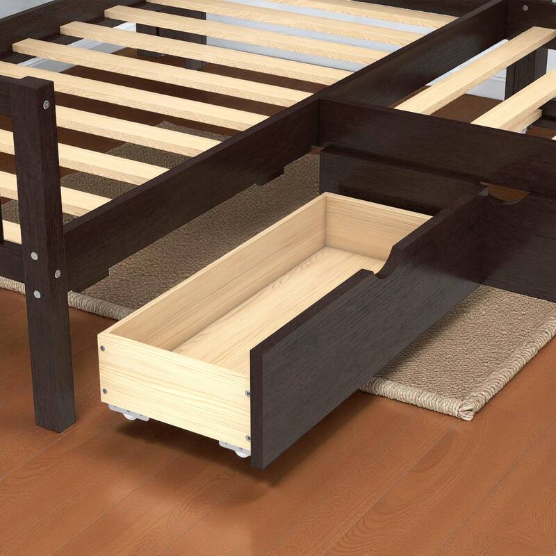 L-Shaped Twin Platform Bed with Trundle, Solid Wood Corner Bed Frame with Drawers and Shelves, No Box Spring Needed