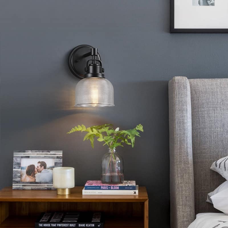 Black Bathroom Vanity Wall Light with Clear Prismatic Glass Shade