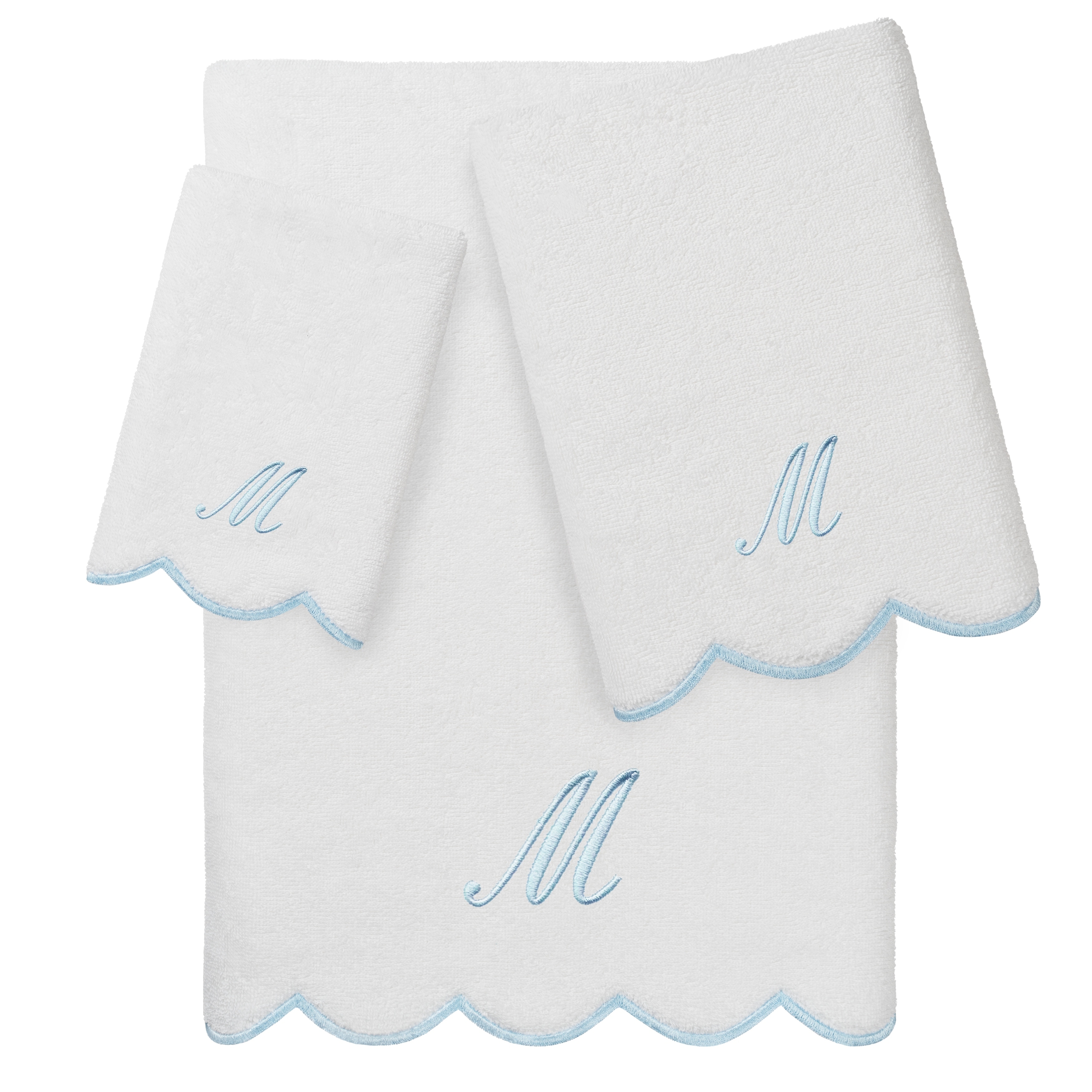 Authentic Hotel and Spa 100% Turkish Cotton Blue ADORNIA Scallop Personalized 3 Piece Towel Set - 3 Piece Set
