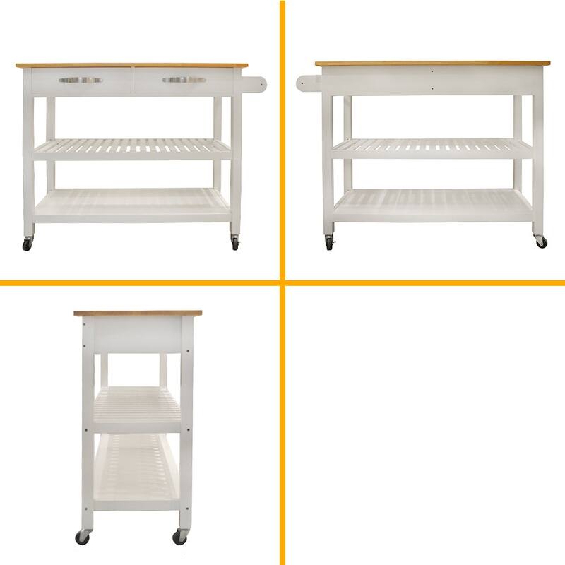 Simple Design Kitchen Cart with Two Lockable Wheels, Rubber Wood Top