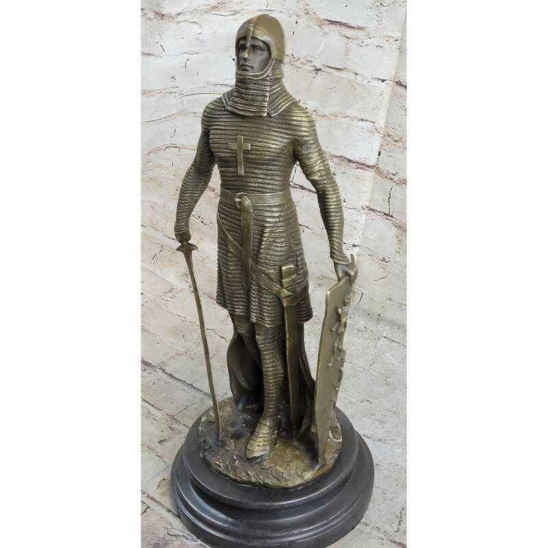 Crusader Knight Templar Bronze Statue Sculpture Figure On Marble Base