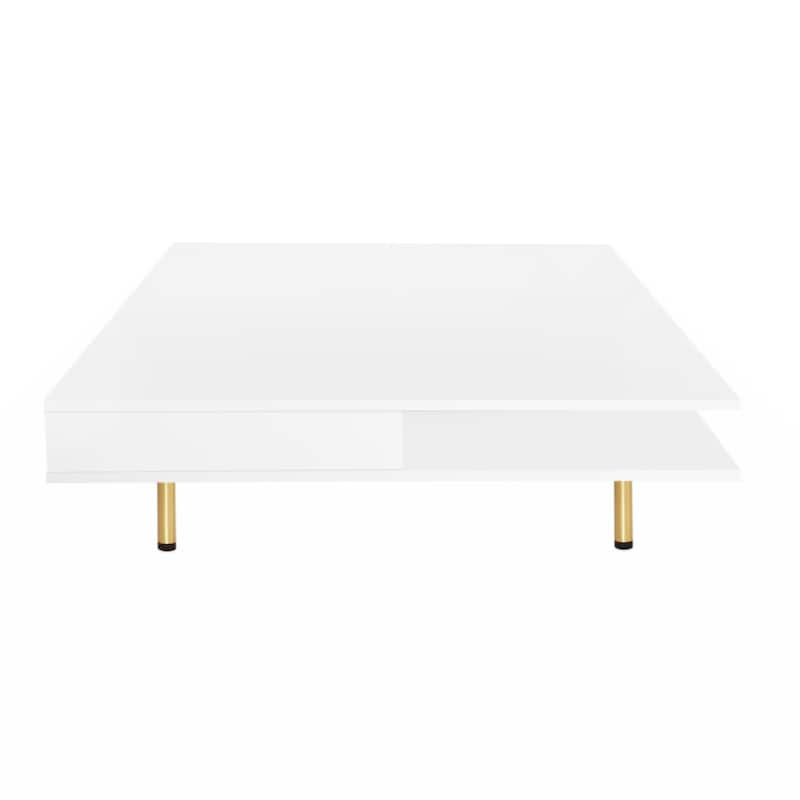 Exquisite High Gloss Coffee Table with 4 Golden Legs and 2 Small Drawers, 2-Tier Square Center Table for Living Room