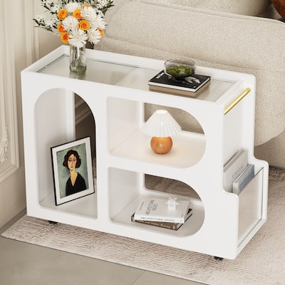Mobile End Table on Lockable Wheels, Glass Top Narrow Coffee Table, Sofa Table with Open Storage for Living Room