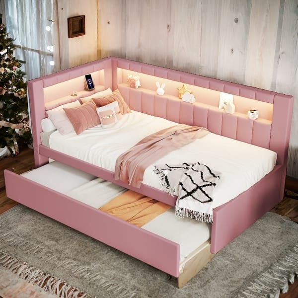 slide 2 of 16, Trundle Upholstered Platform Bed with USB Ports and 7 Colors LED Belt Pink