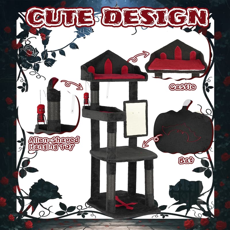 49" Gothic Cat Tree with Throne Bed and Coffin Perch Scratching Posts and Hanging Toy for Cats