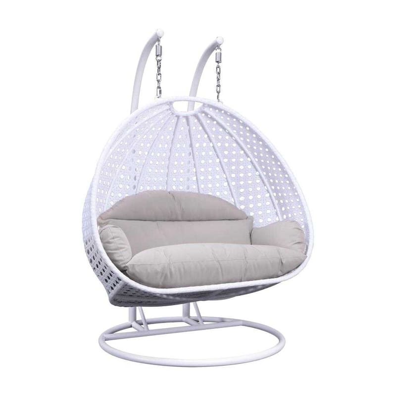 LeisureMod Double Egg Chair - 2-Person Wicker Swing with Heavy-Duty Stand & Cushions - Large Indoor/Outdoor Patio Hammock - White / Taupe