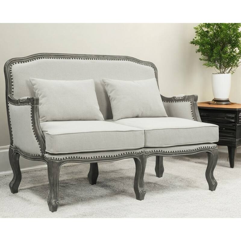 56" Cream And Gray Linen Loveseat and Toss Pillows
