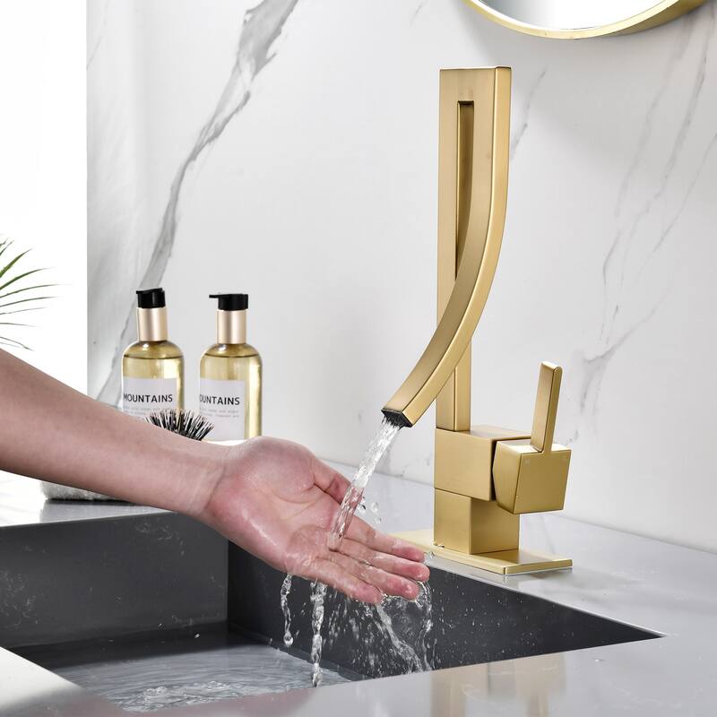 13.5"H Solid Brass Creative Design Single Handle Waterfall Bathroom Sink Faucet with Pop-Up Drain Assembly