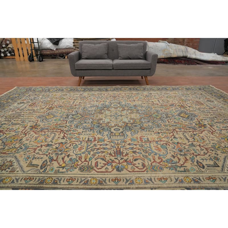 Hand Knotted Oriental 100% Wool Carpet Traditional Floral Beige & Ivories Tabriz Area Rug - 12' 8'' X 9' 5''