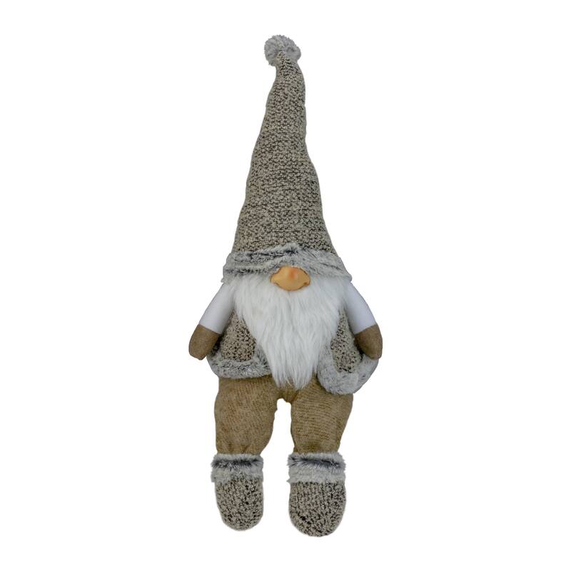 Sitting Plush Faux Fur Gnome Christmas Figure - 17" - Gray and Beige