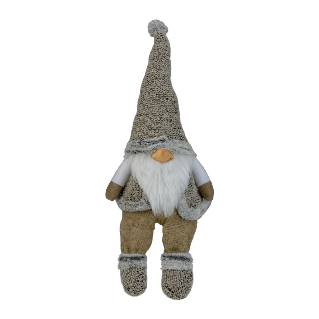 Sitting Plush Faux Fur Gnome Christmas Figure - 17" - Gray and Beige