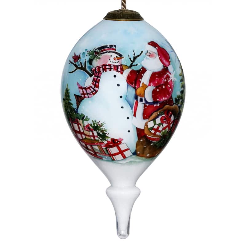Christmas Santa and Snowman Hand Painted Mouth Blown Glass Ornament - 4.75" x 2.5" x 2.5"
