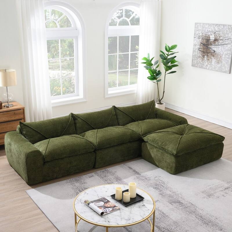 116'' Modern Chenille Fully Compressed Sectional Sofa with High Density Foam without Frame - Green