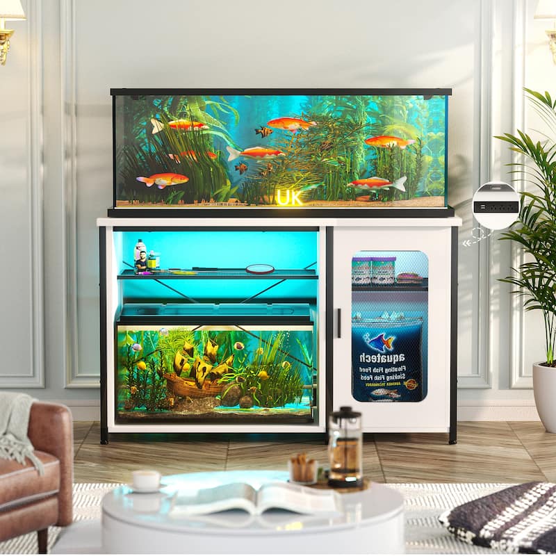 Aquarium Stand with USB Port and LED Light, Fish Tank Stand with Cabinet