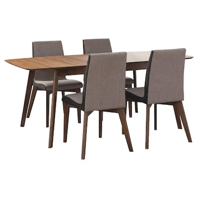 Bera 5pc Dining Set w 4 Chairs, 59-75 Inch Extendable, Walnut Brown, Gray