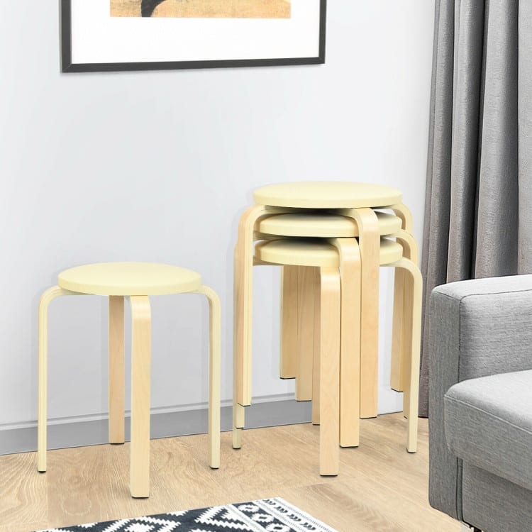 Set of 4 Bentwood Round Stool Stackable Dining Chair with Padded Seat - 15" x 15" x 18.5" (L x W x H) - Beige