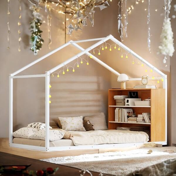 slide 2 of 8, Metal PlayHouse Bed Frame with Bookshelves and LED for Kids