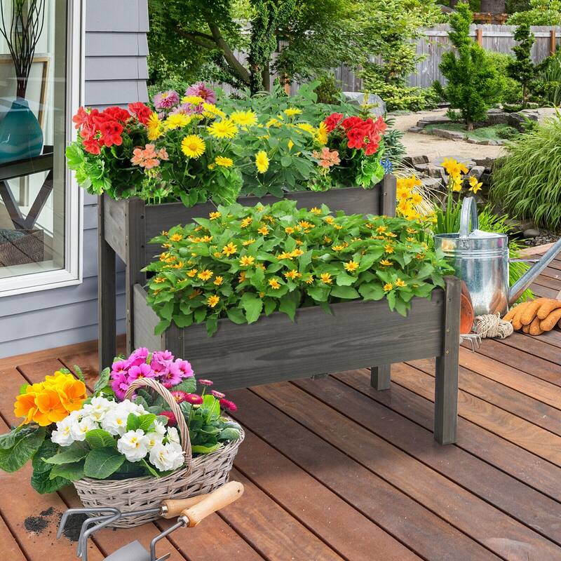 2-Tier Raised Garden Bed with Fir Wood and Drainage Holes for Plants - 34" x 33.5" x 28.5" (L x W x H)