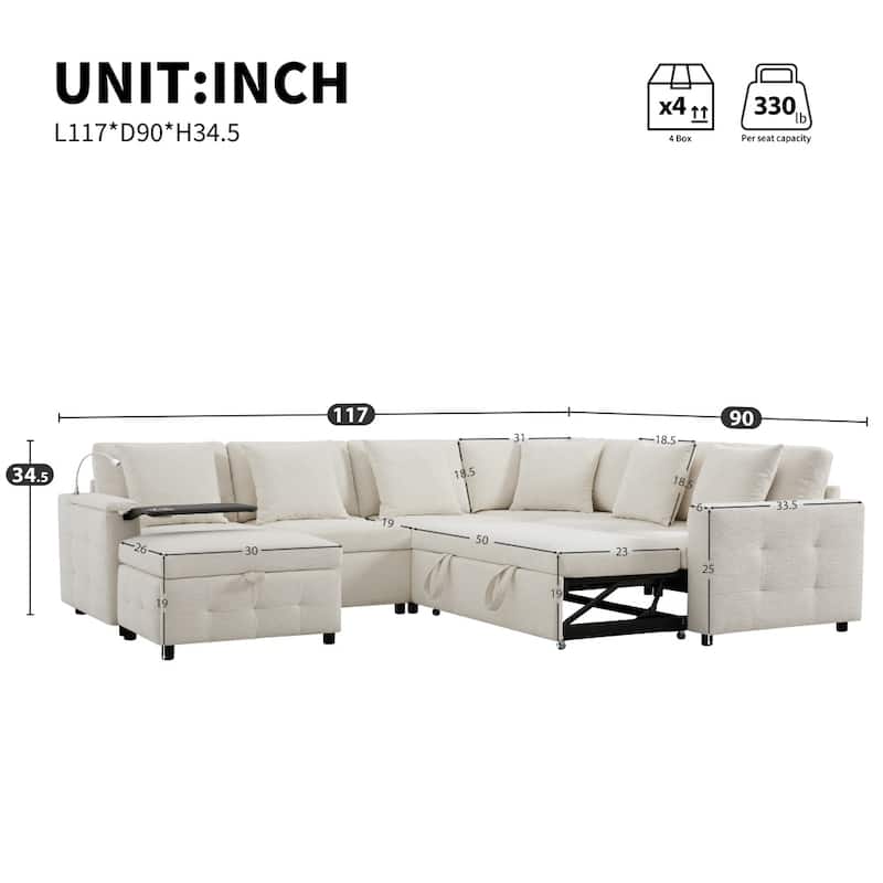 117" Modular Sectional Pull-out Sofa Bed with Flip-up Table Panel, Reading Lamp and Charging Ports