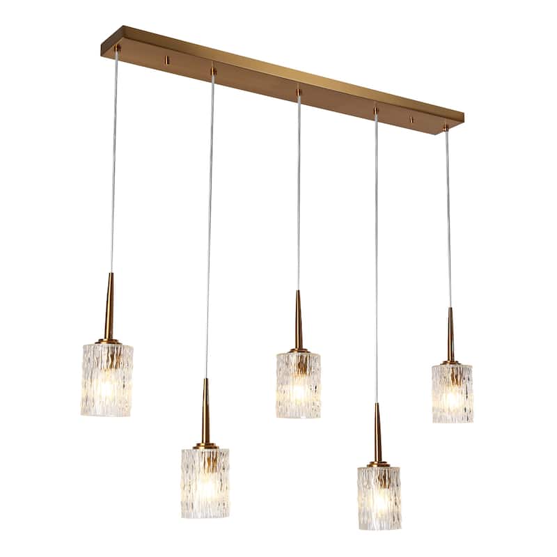 Laxow Modern 5-Light Gold Linear Chandelier Textured Glass Kitchen Island Lights - W 42.5" x H 12.2"