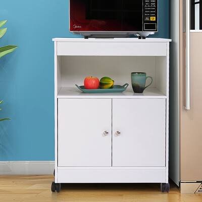 Rolling Kitchen Microwave Cart with 2 Doors and Open Shelf, White