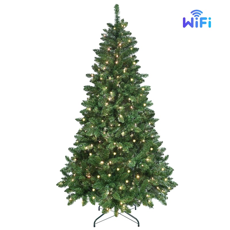 Smart Pre-Lit Christmas Tree - WiFi-Controlled RGB LED Lights, Music Sync, Hinged Structure, Metal Stand - Green