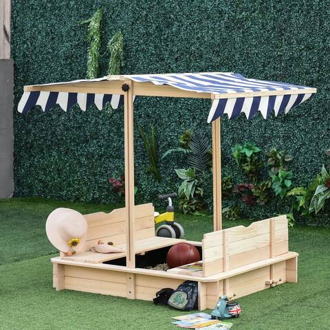 Outsunny Wooden Kids Sandbox w/ Cover Adjustable Canopy Convertible Bench Seat Bottom Liner - 41.75" x 41.75" x 47.75"