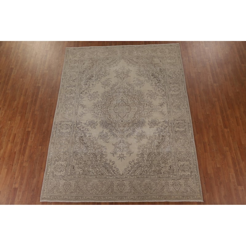 Distressed Tabriz Persian Vintage Beige Rug Hand-knotted Wool Carpet - 8'4" x 10'10"