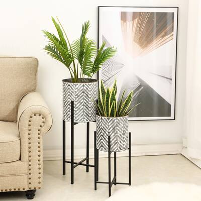 Black and White Metal CachePot Planters with Black Metal Stands (Set of 2)