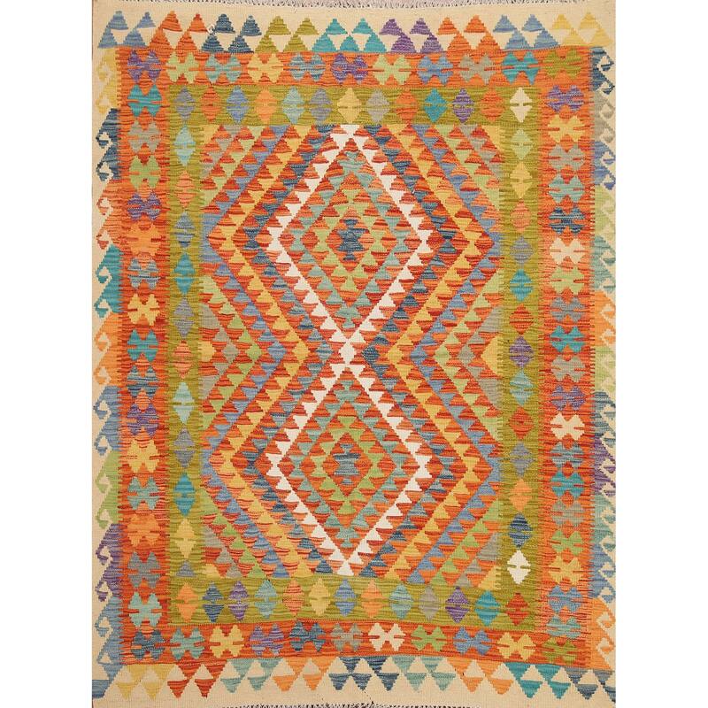 Hand Woven Oriental 100% Wool Carpet Southwestern Geometric Multi-Colored Kilim Area Rug - 6' 1'' X 5' 0''