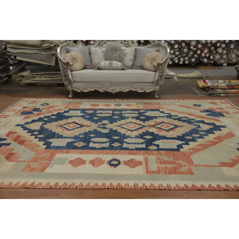 Hand Woven Southwestern Wool Blue Geometric Area Rug - 13' 0'' X 9' 9''
