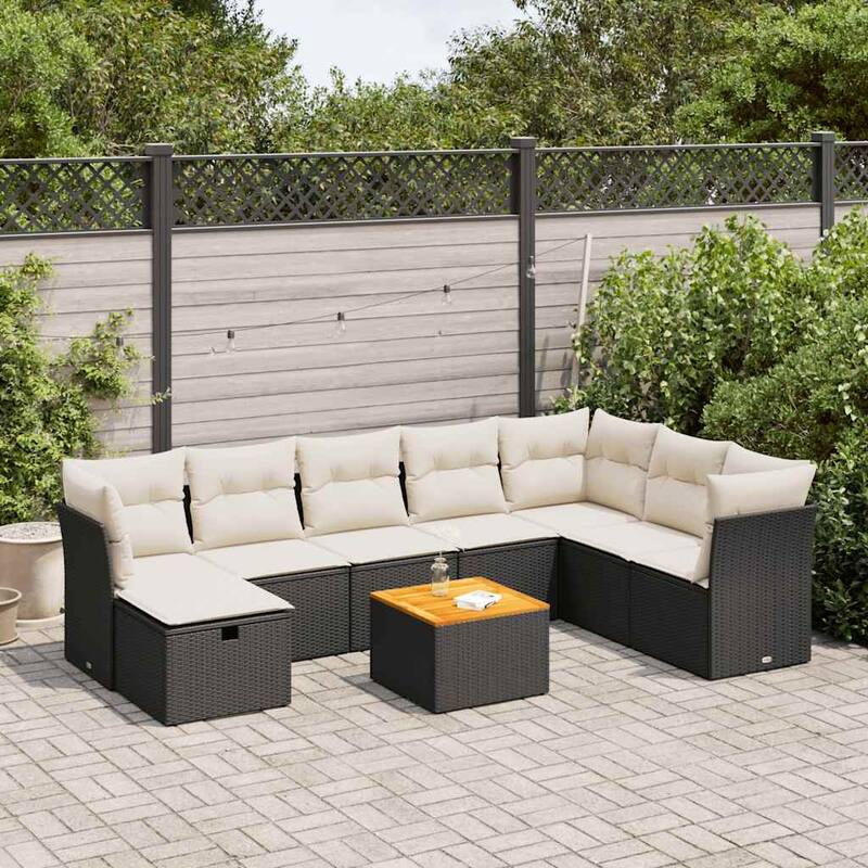 vidaXL Patio Sofa Set with Cushions Outdoor Furniture 9 Piece Poly Rattan - Black and cream Large with storage