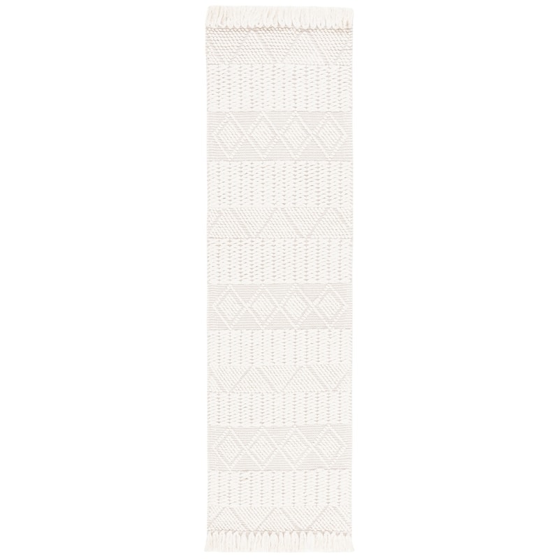 SAFAVIEH Handmade Natura Zamfirica Rustic Boho Fringe Wool Rug - 2'3" x 8' Runner - Ivory/Grey