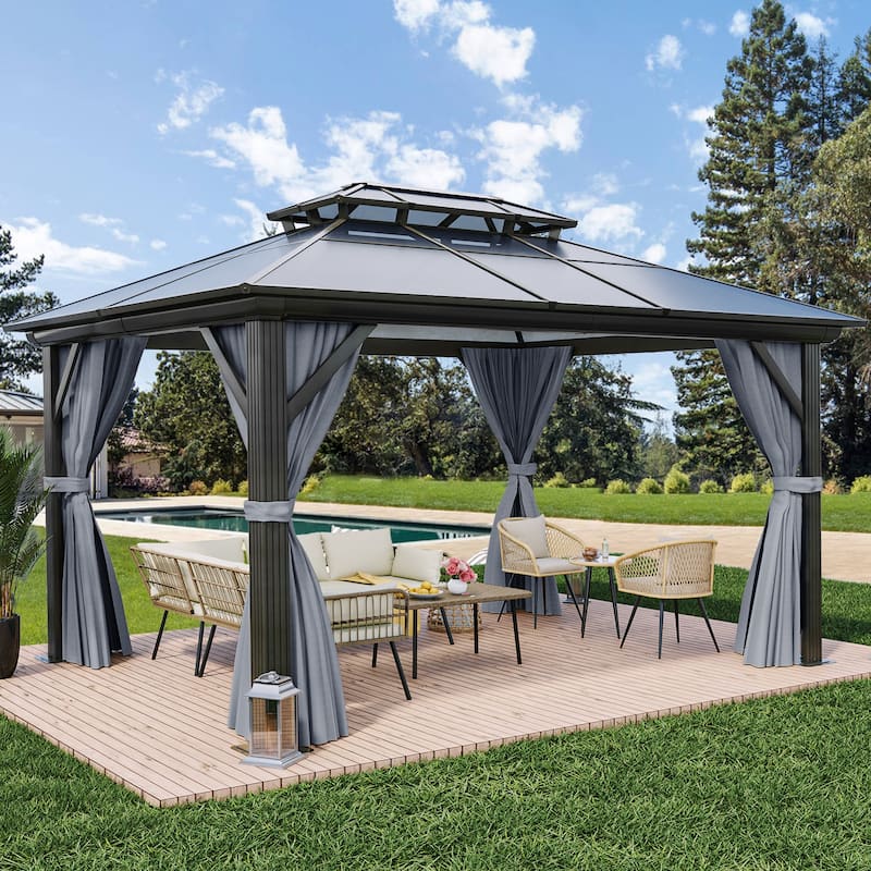 Outdoor Metal Patio Gazebo With Curtains - 10 x 12 - Grey