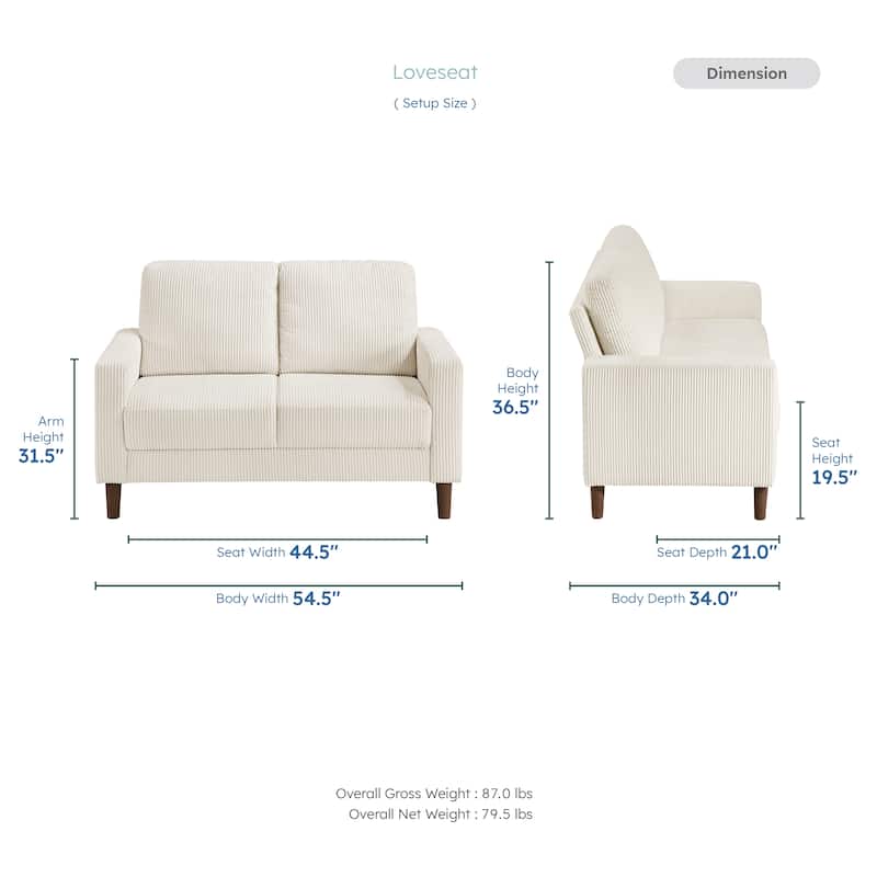 Caspian Corduroy 3-Piece Living Room Set - Wood Finish Exposed Feet