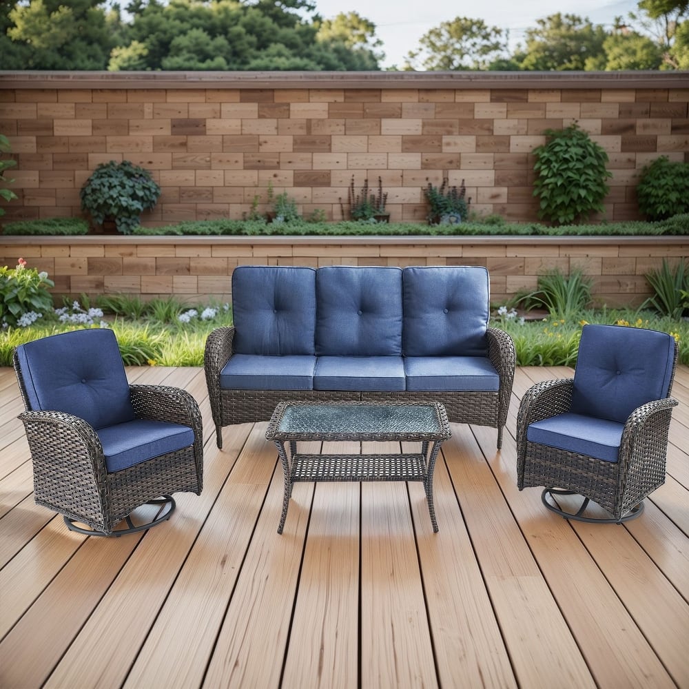 Gymojoy 4-Piece Outdoor Wicker Patio Furniture with 3 Seat Sofa & Swivel Chair, Coversation Set with Water Resistant Cushions