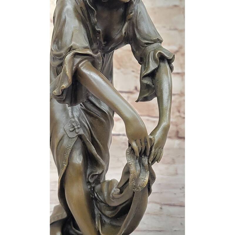 Female Figure Young Woman Holding Shawl - Bronze Metal Sculpture On Marble Base