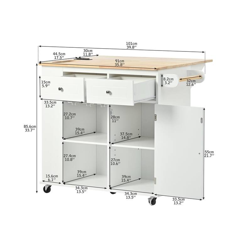 Multifunctional Kitchen Cart with Power Outlet, Open Storage and Wine Rack - 40" x 30"
