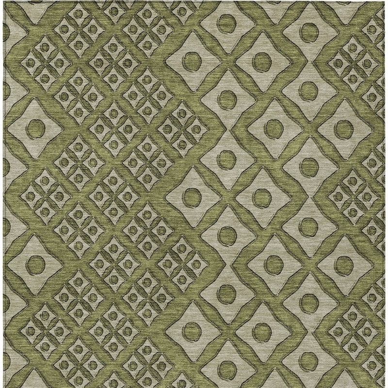 Olive Green And Gray Geometric Washable Indoor Outdoor Area Rug - 5' X 8'