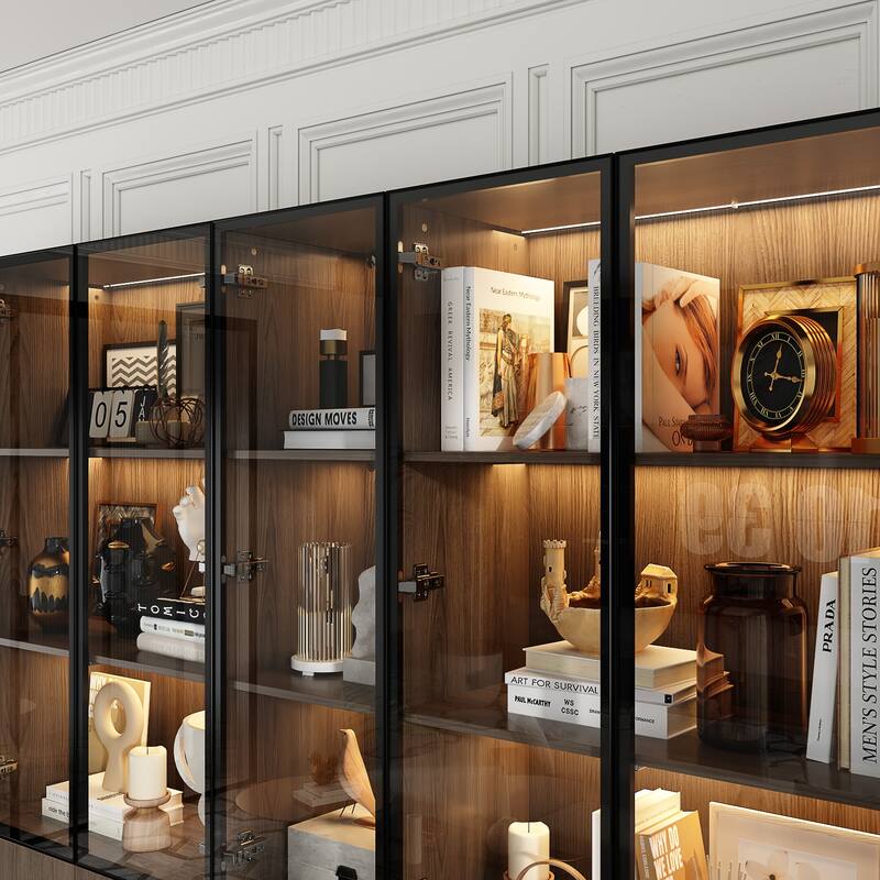 LED-Lit Wood Grain Cabinet - Configurable Storage for Home or Office - 110.2"