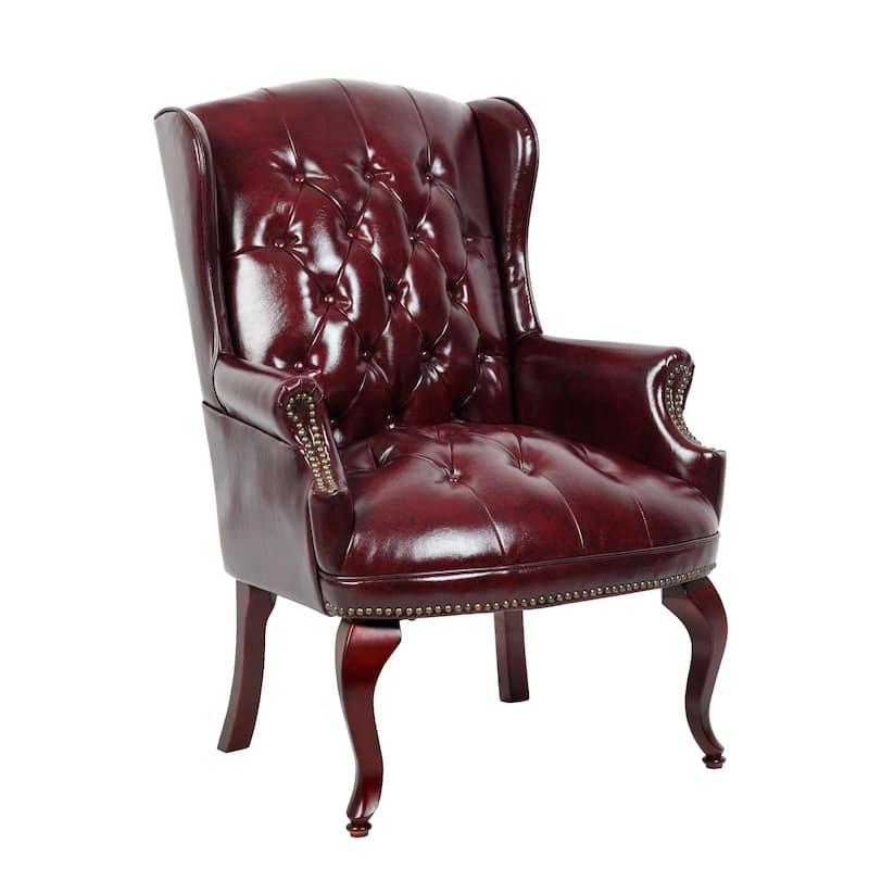 Saily Guest Armchair, Traditional Wingback, Mahogany, Burgundy Vinyl