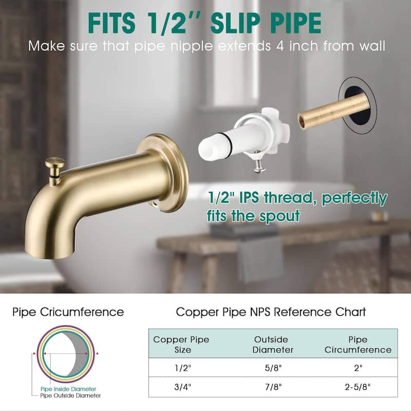 6.22 in. Slip-On Tub Spout/Bathtub Faucet with Diverter 1/2 Inch Slip Fit Connection