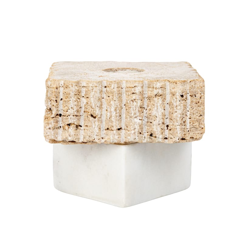 Decorative Marble and Travertine Candle Holder - 3.3"L x 3.3"W x 2.5"H