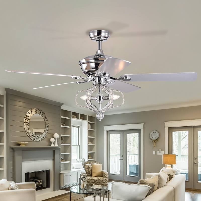 52 inch Chrome Crystal Reversible Ceiling Fan with Lights and Remote Control - 52 Inches - Silver
