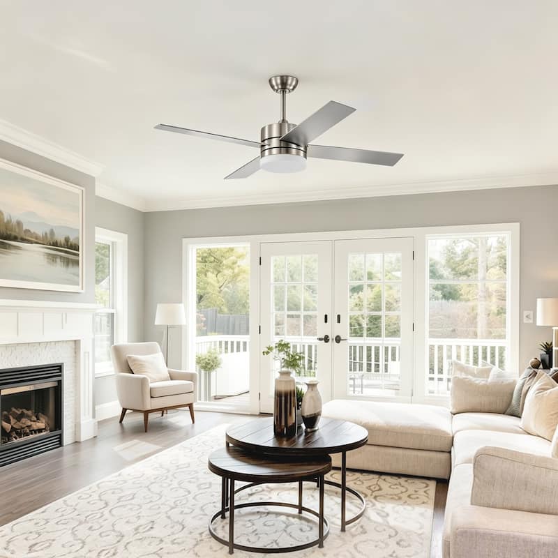 Brushed Nickel 52 in. 6-Speed Integrated LED Indoor 4-Blade Ceiling Fan with Light Kit and Remote Control