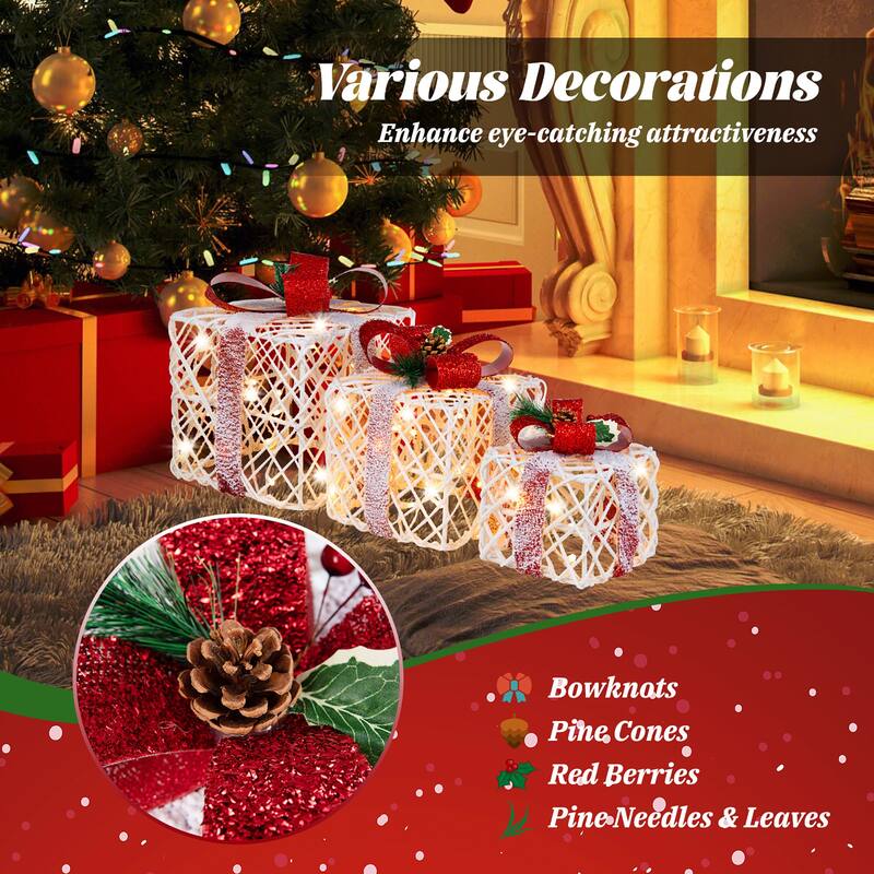 Gymax Set of 3 Christmas Present Boxes Festival Lighted Decor Boxes w/
