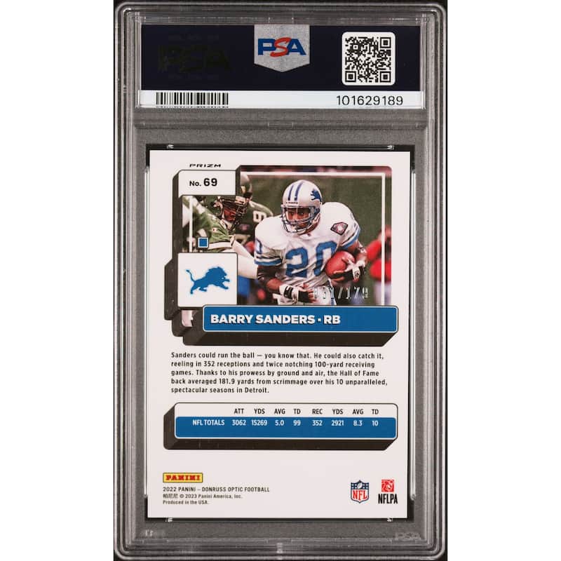 Barry Sanders 2022 Panini Donruss Optic Blue Card #69 Auto Graded PSA 9 31/179 - 8' x 11'