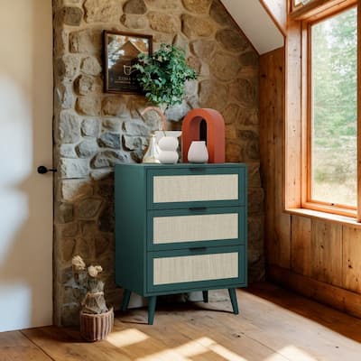 Farmhouse Rattan 3-Drawer Dresser, Dark Green
